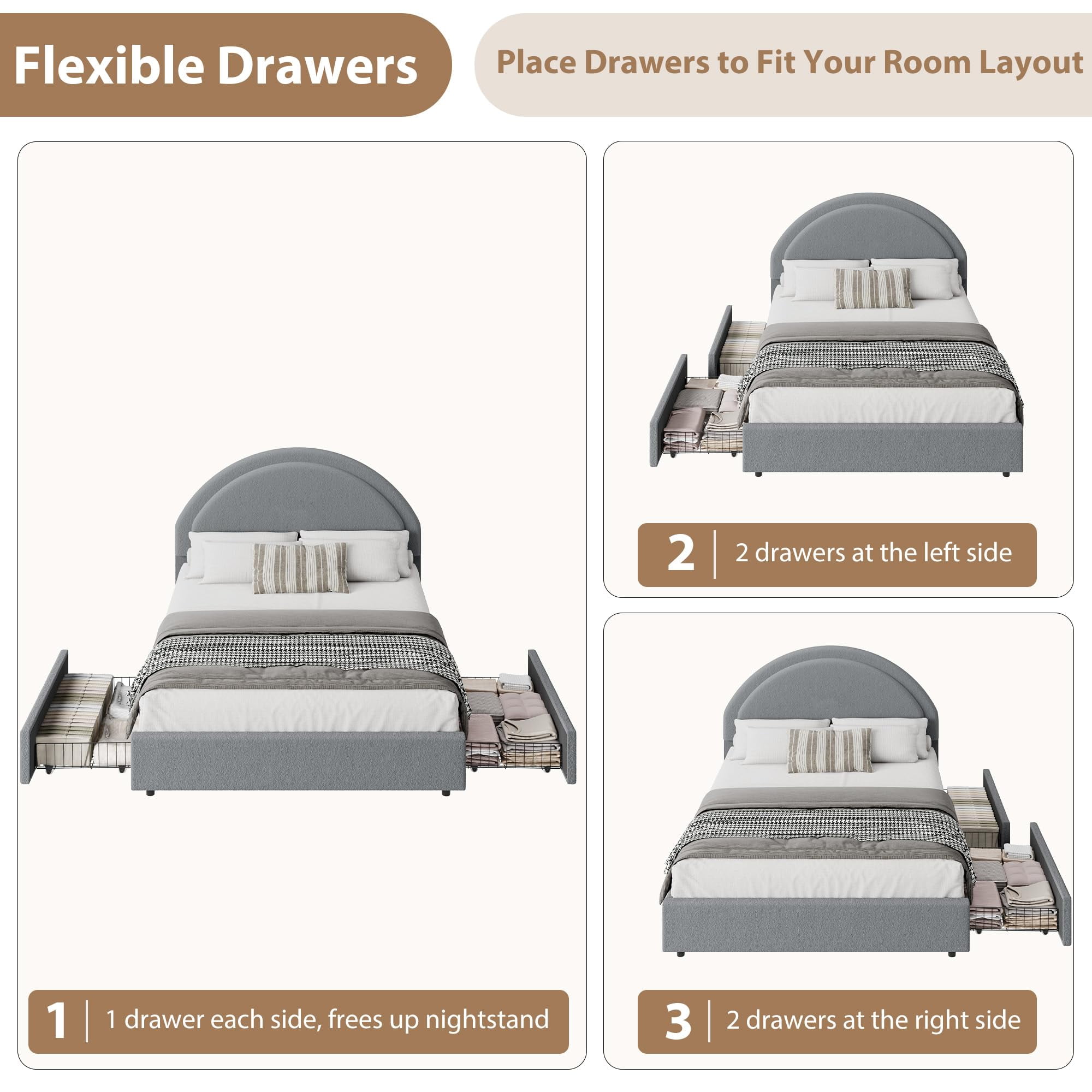 Twin/Full/ Queen Size Bed Frame with Storage Drawers, Upholstered Boucle Platform Bed with Round Headboard, Heavy Duty & Noise Free, No Box Spring Needed