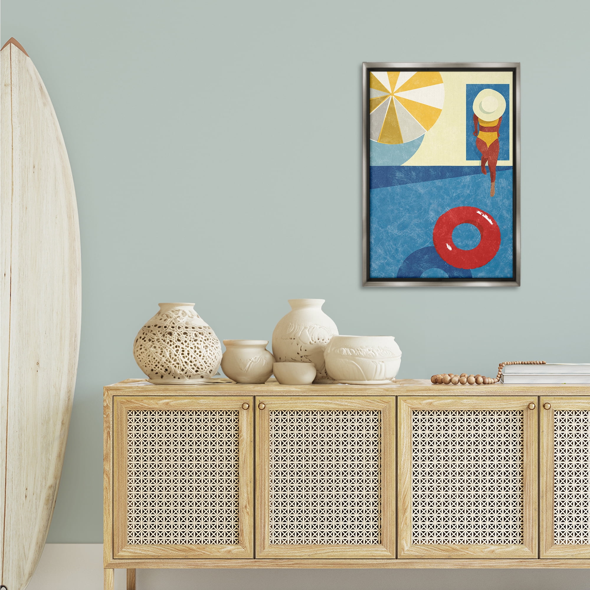 Stupell Industries Summer Poolside Girl Novelty Painting Gray Floater Framed Canvas Art Print Wall Art, 21 x 31