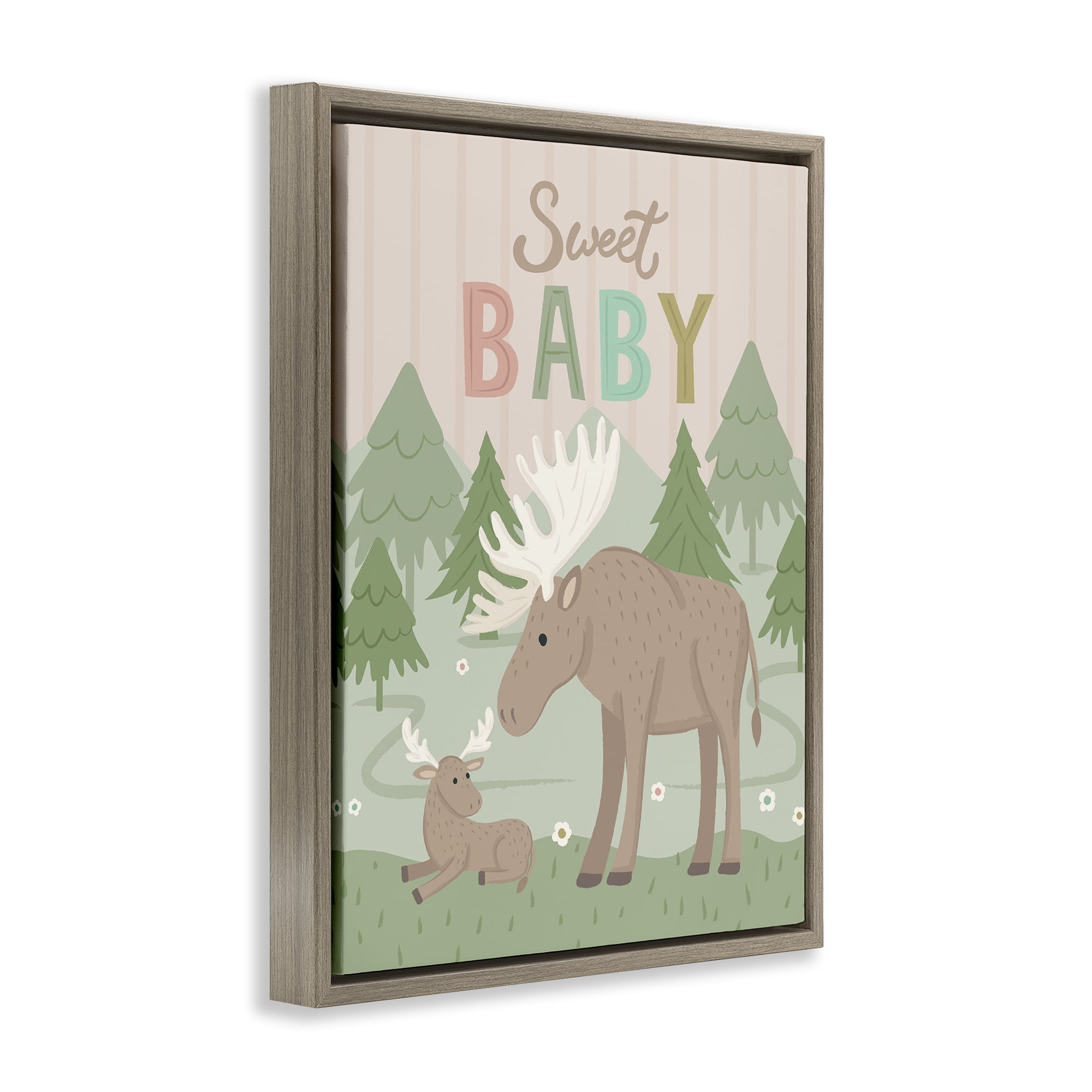 Stupell Industries Sweet Baby Wild Moose Animals Painting Brown Floater Framed Canvas Art Print Wall Art, 25 x 31