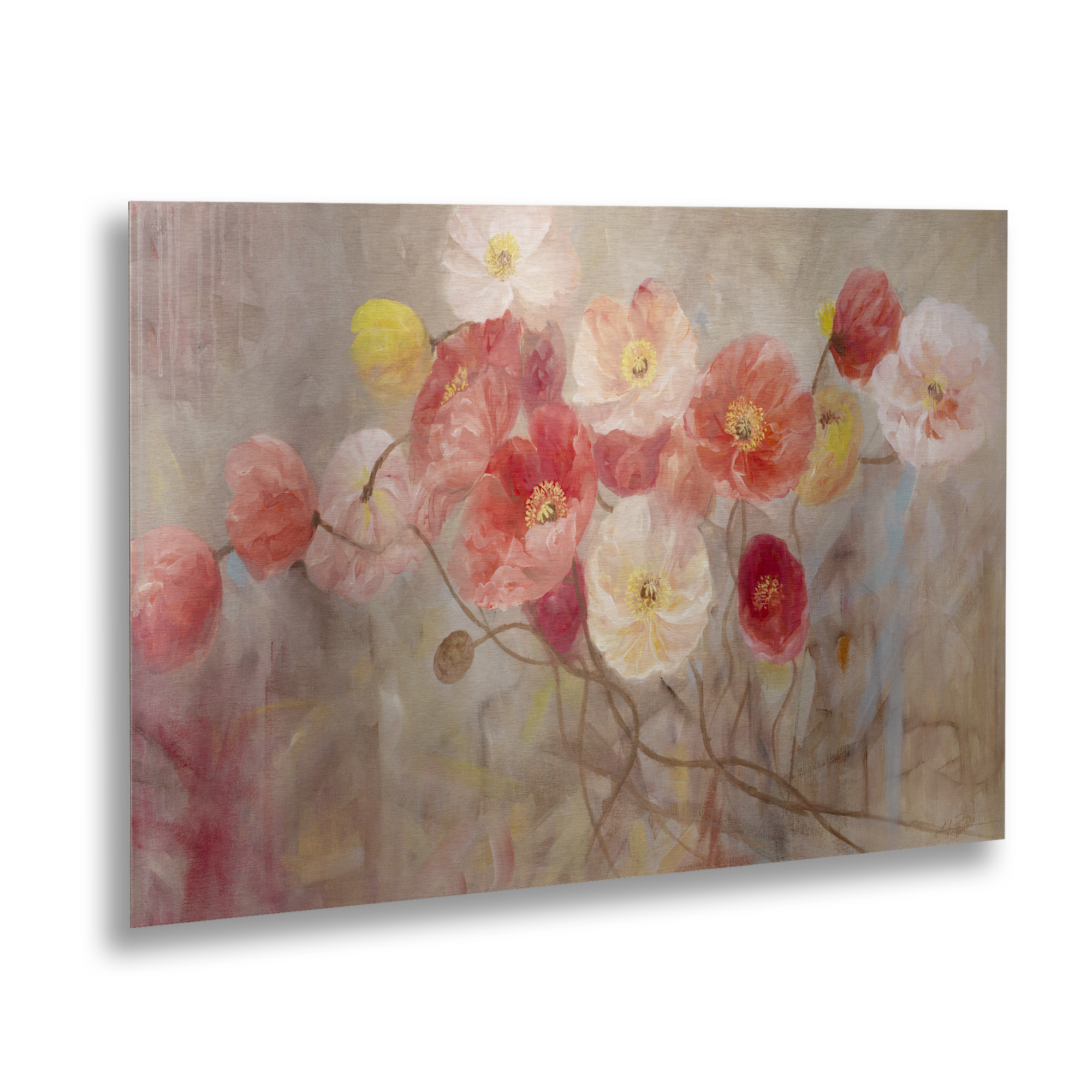 Li Bo 'Wild Poppies I' Floating Brushed Aluminum Art