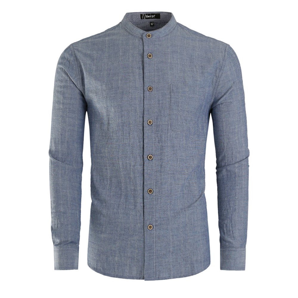 Lars Amadeus - Lars Amadeus Men's Stand Collar Retro Mandarin Button