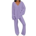 thumbnail image 2 of Lastesso Plus Size Pajamas for Women V-Neck Long Sleeve Solid Tops with Pants Lounge Set Winter Fleece Warm Homewear, 2 of 7