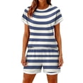 thumbnail image 4 of Domzest Womens 2 Piece Short Sets Striped Short Sleeve Crew Neck Shirts & Elastic Waist Shorts 2026 Summer Lounge Set for Both Homewear and Going Out Blue XL, 4 of 5