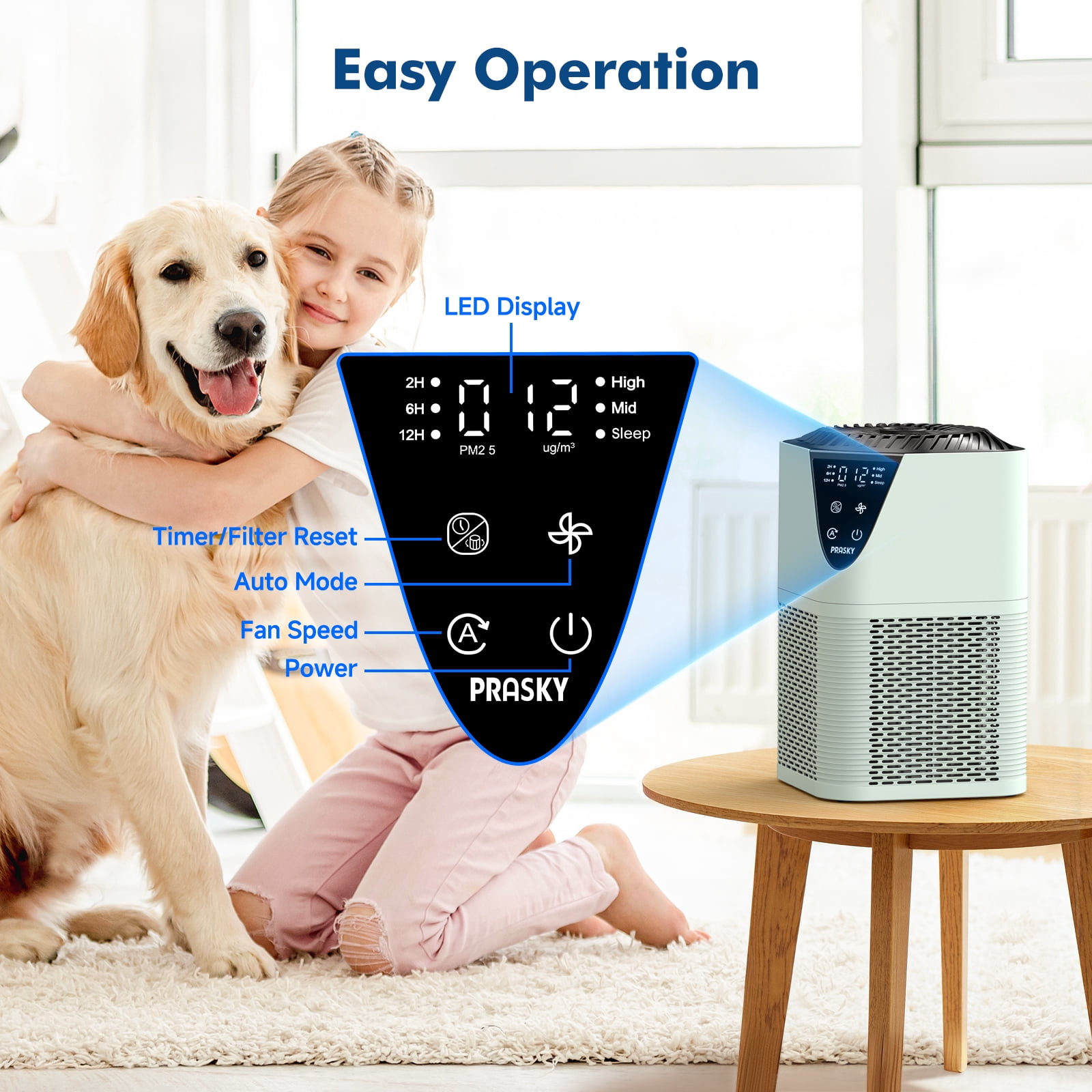 PRASKY Air Purifier for Home 1076 Sq Ft Coverage, True HEPA Filter for Pets, Smoke & Allergies | Quiet & Portable for Bedroom/Living Room (Green)