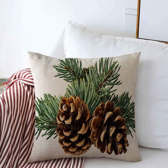 Decorative Linen Throw Pillow Covers Pine Green Christmas Brown Cone On White Holiday Nature Branch Spruce Fir Natural Celebration Pinecone 18" x 18" Square Cushion Case for Home Decor