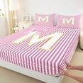 thumbnail image 3 of Homewish Initial M Letter Twin Sheet Sets, Girly Pink Stripes Abstract Twin Fitted Sheet, Princess Cartoon Bowknot Flat Sheet, Microfiber Bedroom Decor, 3 Pieces, 3 of 7