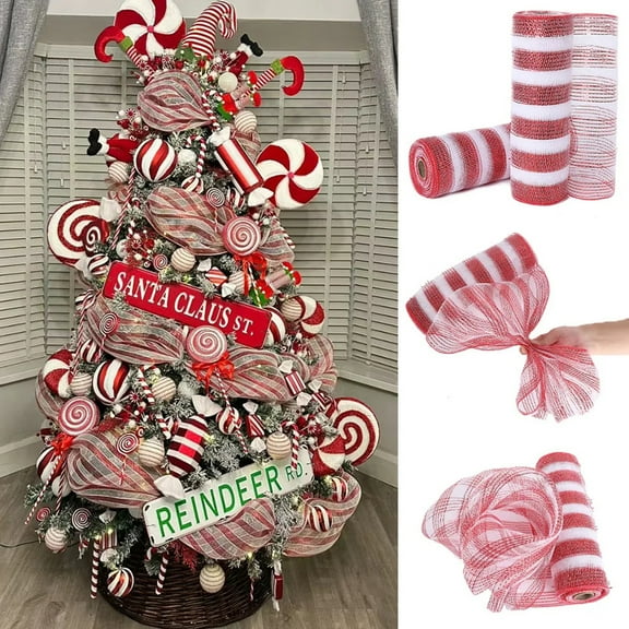 tasrioml Christmas Mesh Ribbon 10 Inch x 10 Yards Red/Red White Stripe Metallic Foil Mesh Ribbon Roll for Wreaths Swags Crafts Christmas Tree Holiday Home Decor
