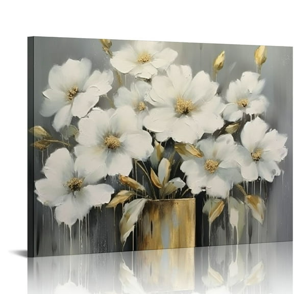 JRXY Flower Pictures Decor Wall Art Abstract Modern Blooming White and Grey Floral with Gold Canvas Framed for Bedroom Bathroom Home Office Wall Decor 20x16in