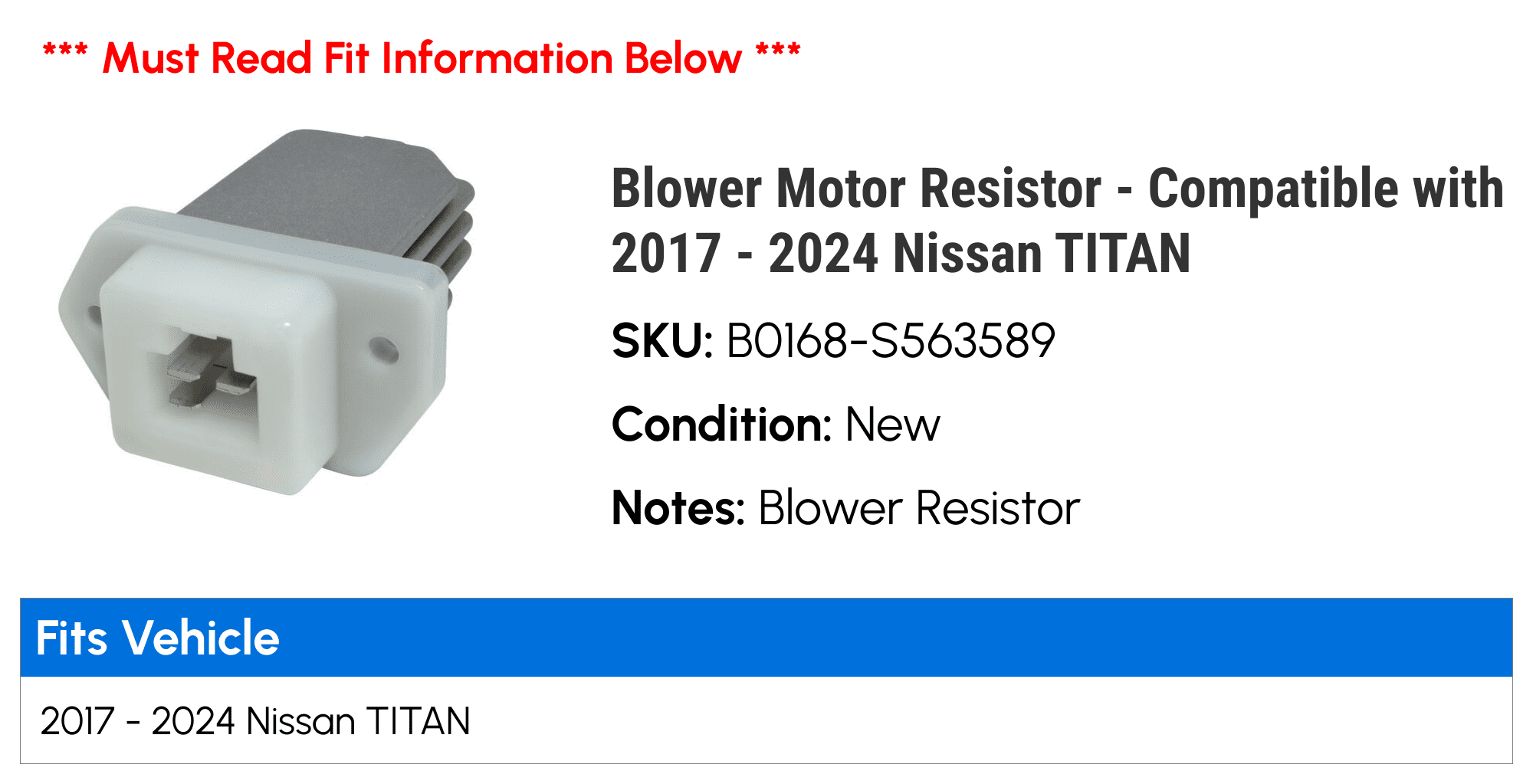 Blower Motor Resistor - Compatible with 2017 - 2024 Nissan TITAN 2018 2019 2020 2021 2022 2023