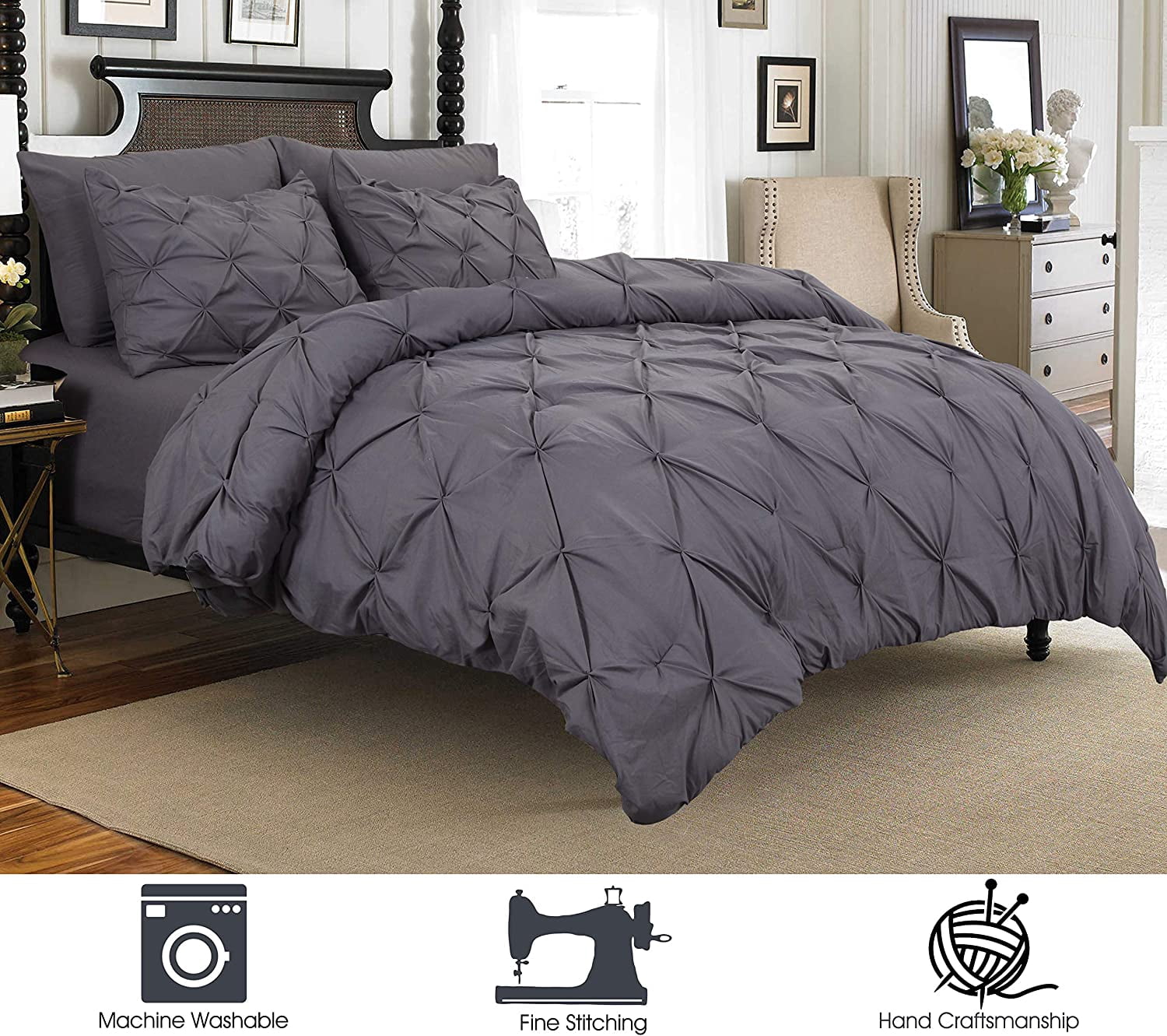 2-Piece Duvet Cover with Matching Sham, Pinch Pleat Design, All Season Suitable Comforter Cover, Twin/Twin XL, Gray