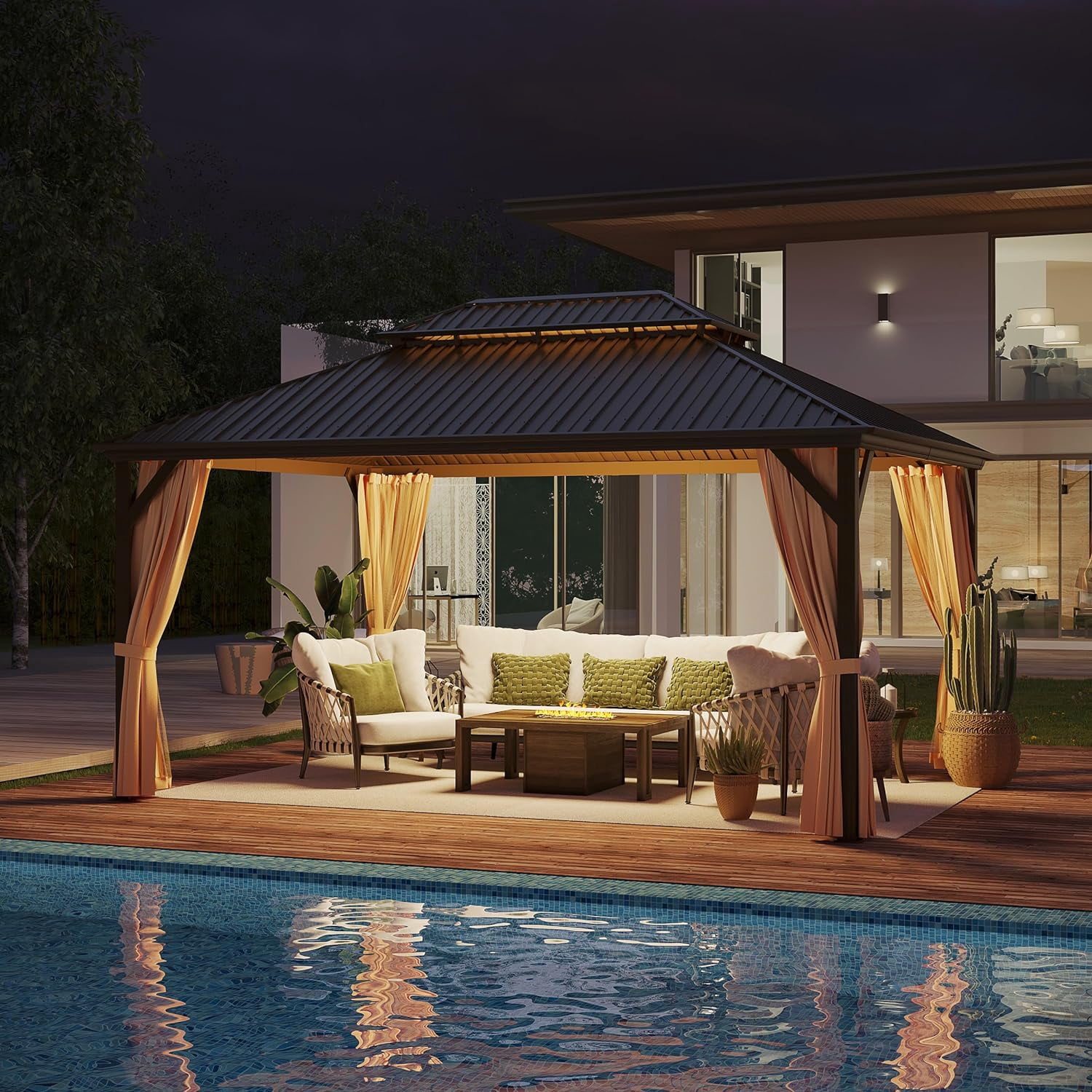 GAZEBETER 12' x 16' Hardtop Gazebo, Brown, Double Roof, Galvanized Steel, Netting & Curtains
