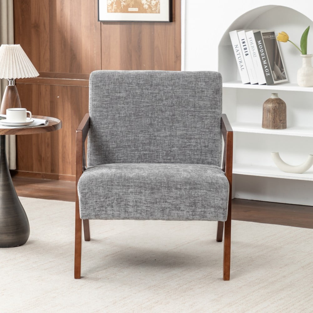 Mid Century Modern Accent Chair, Upholstered Reading Armchair with Rubber Wood Frame, Soft Fabric, Curved Arms for Living Room, Bedroom & Office, Light Gray