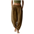 thumbnail image 3 of Women's Jogger Pants Solid Color Pleated Elastic Waist Cotton Linen Jogger Pants with Pockets Cozy Comfy for Daily Commute, 3 of 6
