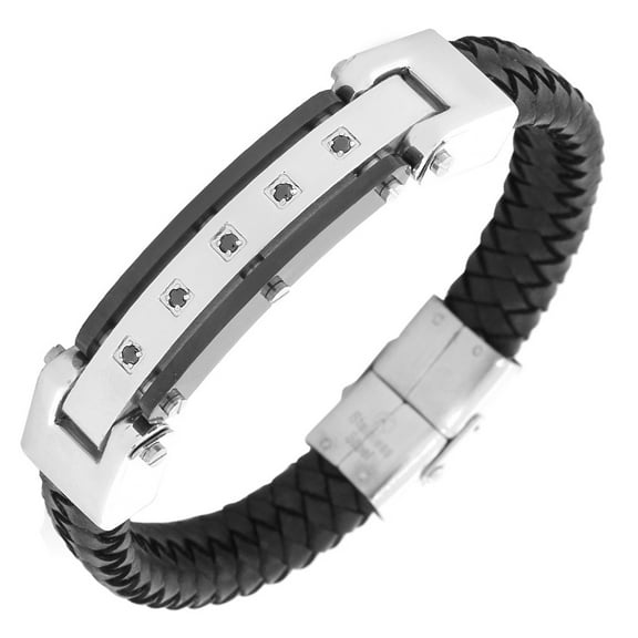 Stainless Steel Silver-Tone Black Leather CZ Men's Bracelet