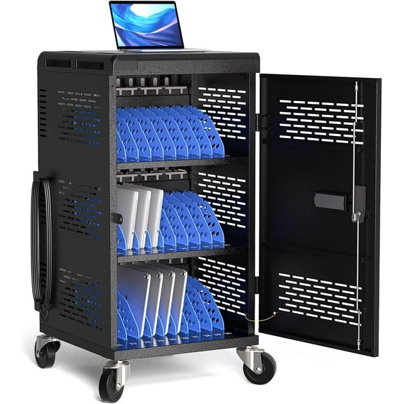 POCHAR Fully Assembled 30 Device Mobile Charging Cart for Chromebook, iPad, 14'' Laptop, Charging Station with Keypad Lock, Charger Cable Management, Circuit Breaker, Grounding Protection (Black)