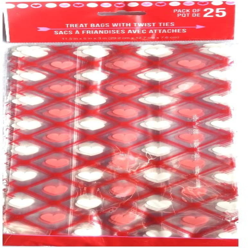 NEW 25 Heart Strings Valentine's Day Cello Cellophane Bags Includes Twist Ties 