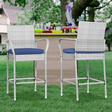 Patio Stools & Bar Chairs Outdoor Wicker Bar Stools Set of 2 Counter Height Bar Stools Patio Chairs Bar Height with Footrest Armrest Cushion Navy Blue All Weather Rattan for Garden Pool Lawn Backyard