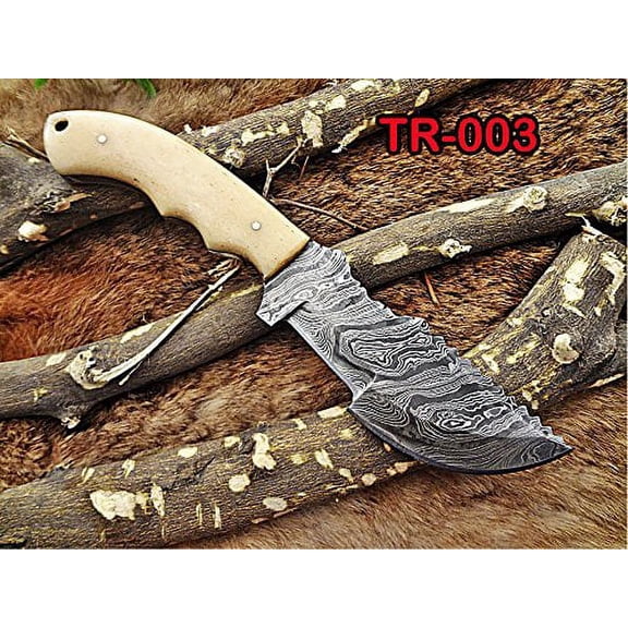 10"Long tracker knife hand forged twist pattern full tang Damascus steel, Natural Camel bone hole scale, Cow hide leather sheath