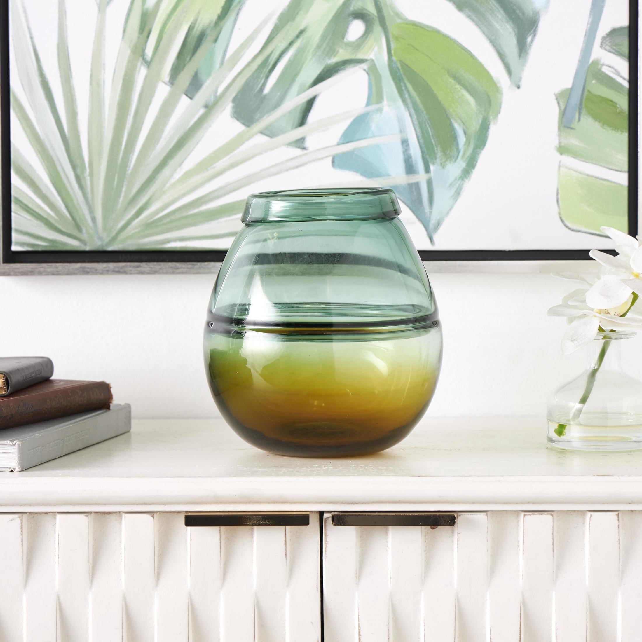 DecMode 9" Handmade Ombre Green Glass Vase with Yellow Base