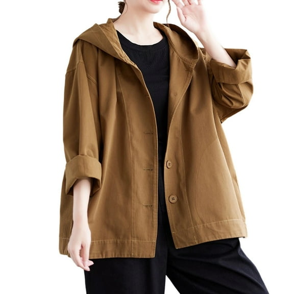 Women's Casual Long Sleeves Hooded Jackets Button Down Lightweight Oversized Coat with Pockets