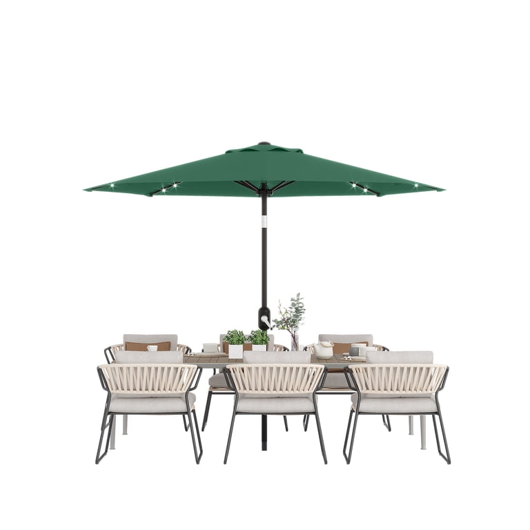 dark green 9 ft patio umbrella with led lights Leigh Country TX 94132 9' Solar Powered creating a cozy and inviting ambiance for evening gatherings Blissun 9 ft Solar Umbrella,