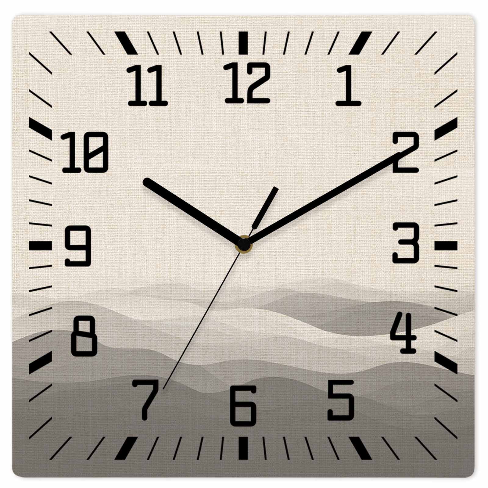 Grey Beige Ombre Wooden Wall Clock Silent Non Ticking, Minimalist Ocean Waves Linen Square Wall