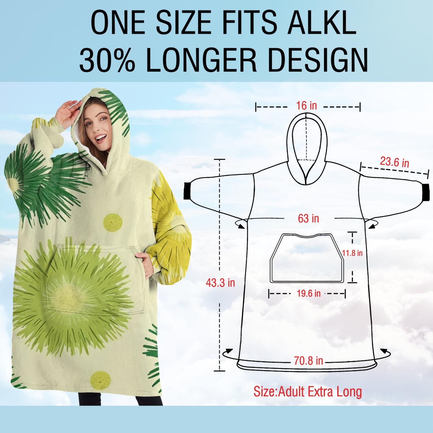 Oversized Wearable Blanket Hoodie,Green Yellow Dandelion Pattern Sherpa Blanket Hoodie with Super Pockets,Super Warm Fuzzy Pullover for Women & Men