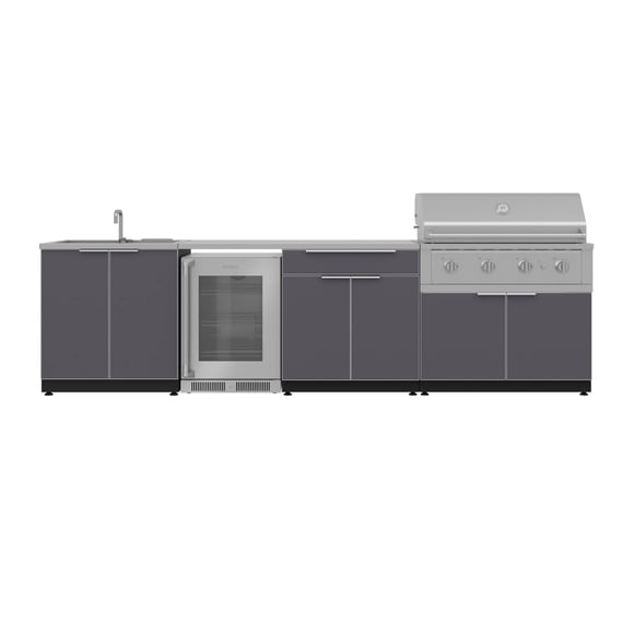 NewAge Products Outdoor Kitchen Aluminum 6 Piece Cabinet Set with Sink, Bar, Grill Cabinet, Performance Grill, Countertop and Glass Door Fridge