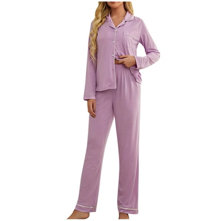 

Pajamas for Women Soft Comfy 2-Piece Pj Set Relaxed-Fit Long Sleeve Button Down Shirts Wide Leg Straight Pants Lounge Set
