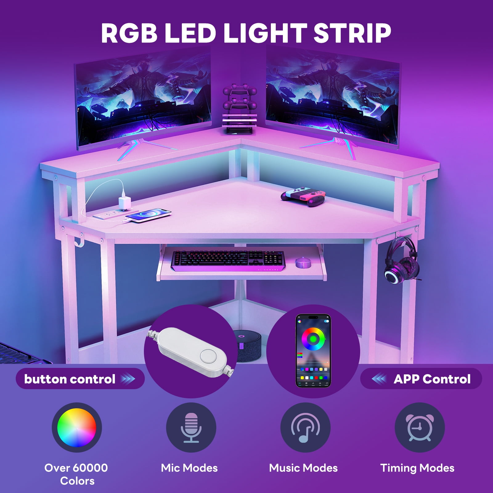 CONCETTA Coner Desk, L-Shaped Computer Desk with Power Outlets, LED Lights, Monitor Stand & Keyboard Tray, White