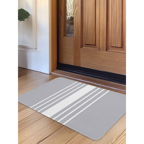 Light Grey Striped Door Mat Indoor Outdoor Entrance, Non Slip Small Rug for Kitchen Bathroom Entryway Rug, White Simple Neutral Modern Washable Doormat Floor Mat for Office Home Decor 16x24 Inch