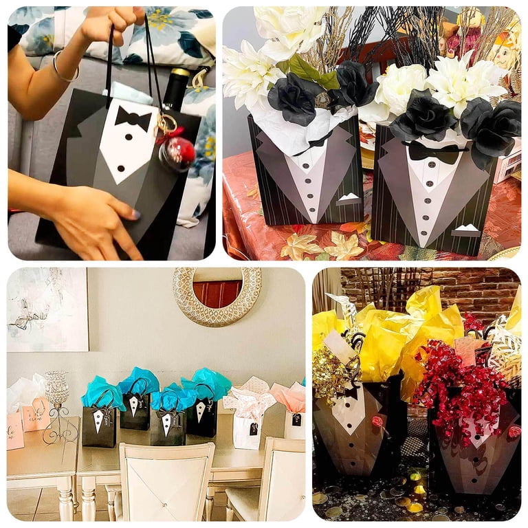12 Pcs Paper Flower Gift Bags With Metal Chain Handles - Rectangle Tote For Bouquets, Pink/Black/White