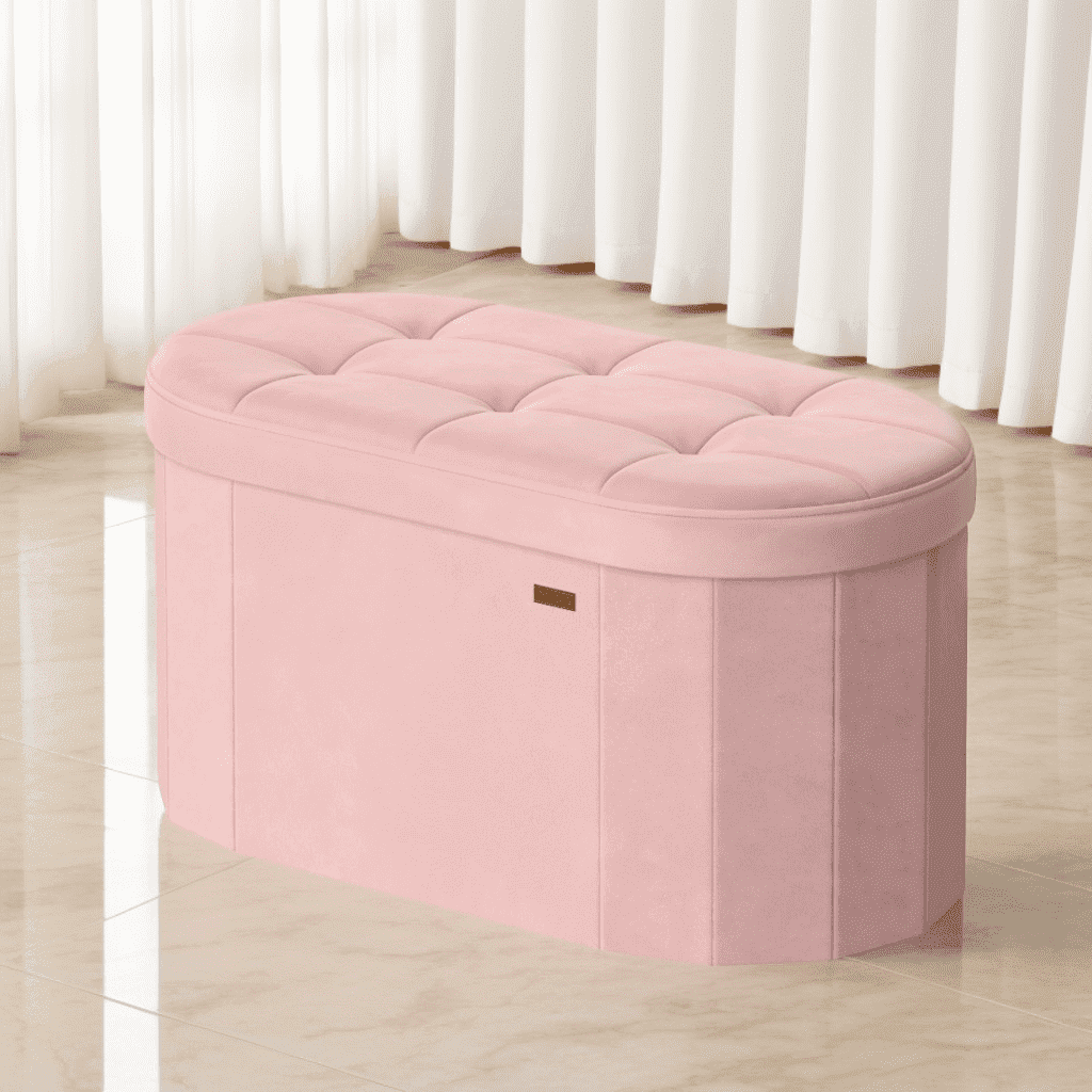 LEDREM 30" Foldable Storage Ottoman Bench, Velvet Fabric Ottoman with 2 Internal Dividers, Footrest for Bedroom Living Room, Jelly Pink