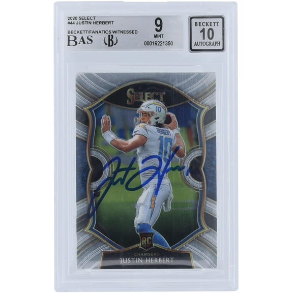 Justin Herbert Los Angeles Chargers Autographed 2020 Panini Select #44 Beckett Fanatics Witnessed Authenticated 9/10 Rookie Card - Fanatics Authentic Certified