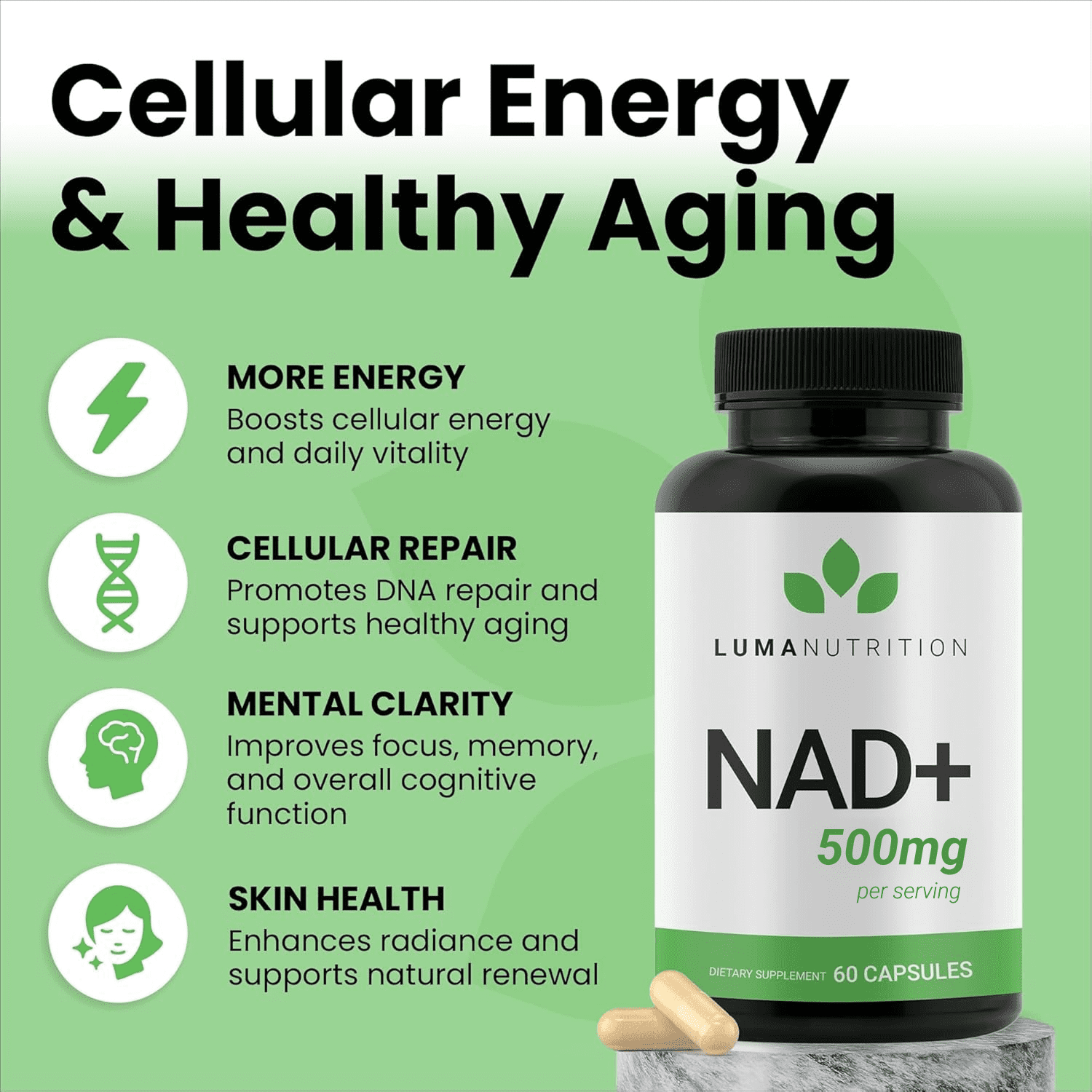 Luma Nutrition NAD+ Supplement 500mg Per Serving (250mg per Capsule) – Aging Plus Energy, Metabolism & Cellular Support – Pure NAD Supplements for Women & Men, Made in USA