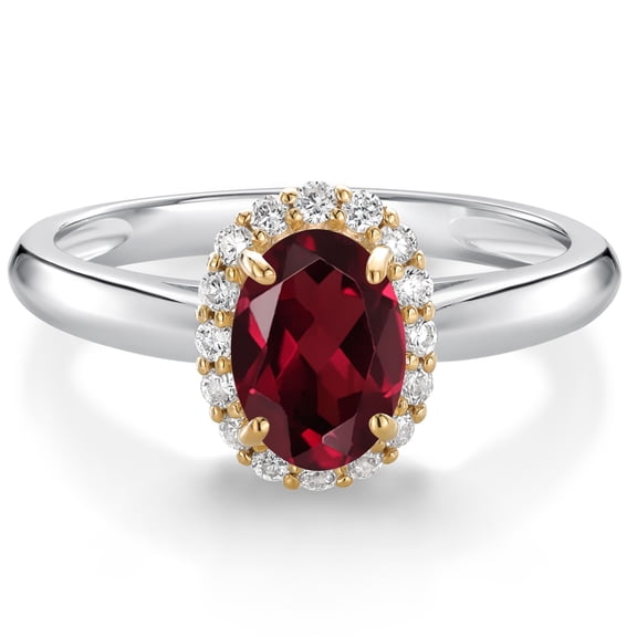 Gem Stone King 925 Sterling Silver and 10k Yellow Gold Red Rhodolite Garnet and White Lab Grown Diamond Halo Engagement Ring for Women (1.03 Cttw, Gemstone January Birthstone, Oval 7X5MM, Size 6)