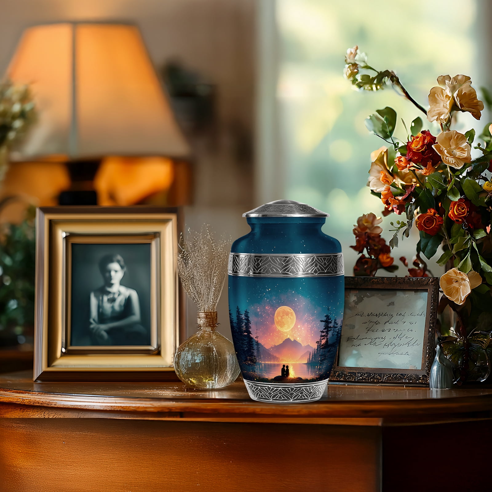 KARYLIZ Campfire Funeral Urns - Couple Under Moon Cremation Urn Human Ashes - Ocean Blue Memorial Urns For Female - Decorative Urns For Men - Large Urns For Human Ashes Adult Male (10inch)