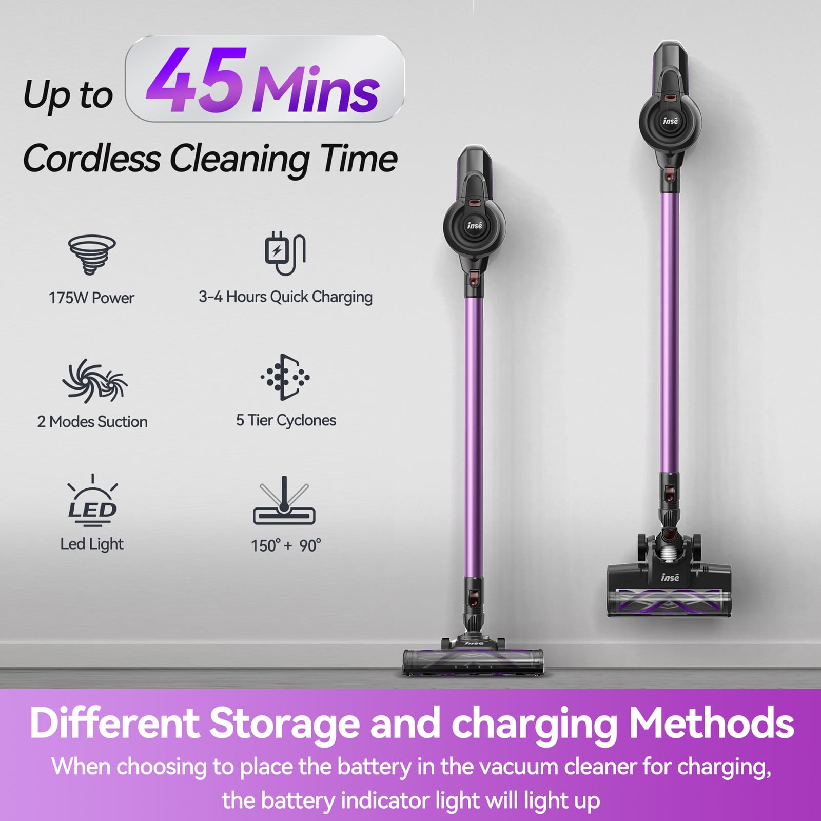 INSE Cordless Vacuum Cleaner 25000Pa 45min Lightweight Stick Vacuum for Home Pet Hair Carpet Floor