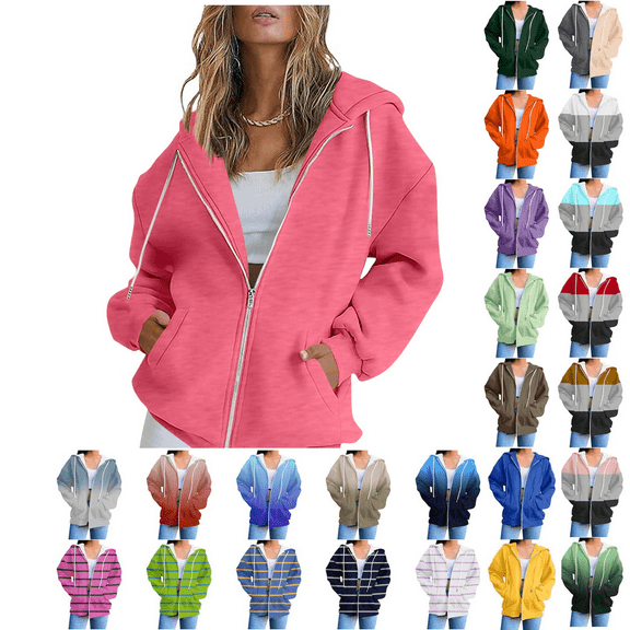 yoeyez Zip up Hoodies for Women Workout Sweatshirts Casual Long Sleeve Track Jackets with Pockets Fashion Light Solid Hoodie Cardigan Hot Pink,S