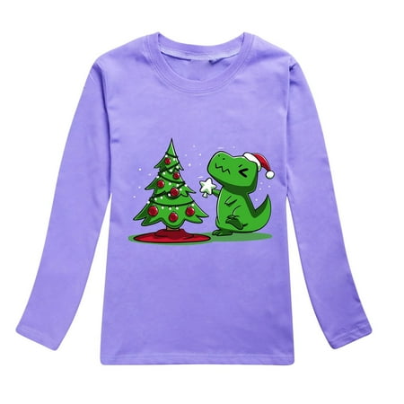 Curuila Toddler Boys Girls Tops Long Sleeve Christmas Cartoon Dinosaur Prints Crew Neck Autumn T Shirt Purple Size 3-4 Years
