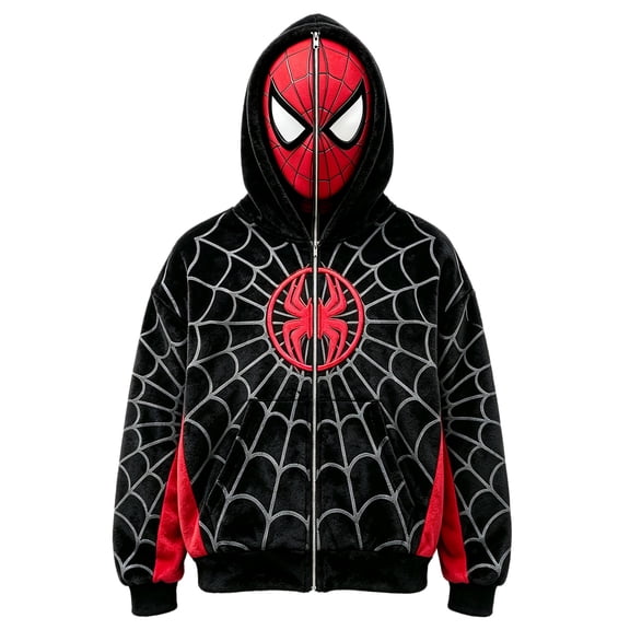 Full Face Masked Zip Hoodie, Spider Web Printed Hooded Sweatshirt Cosplay Costume Jacket for Boys Girls