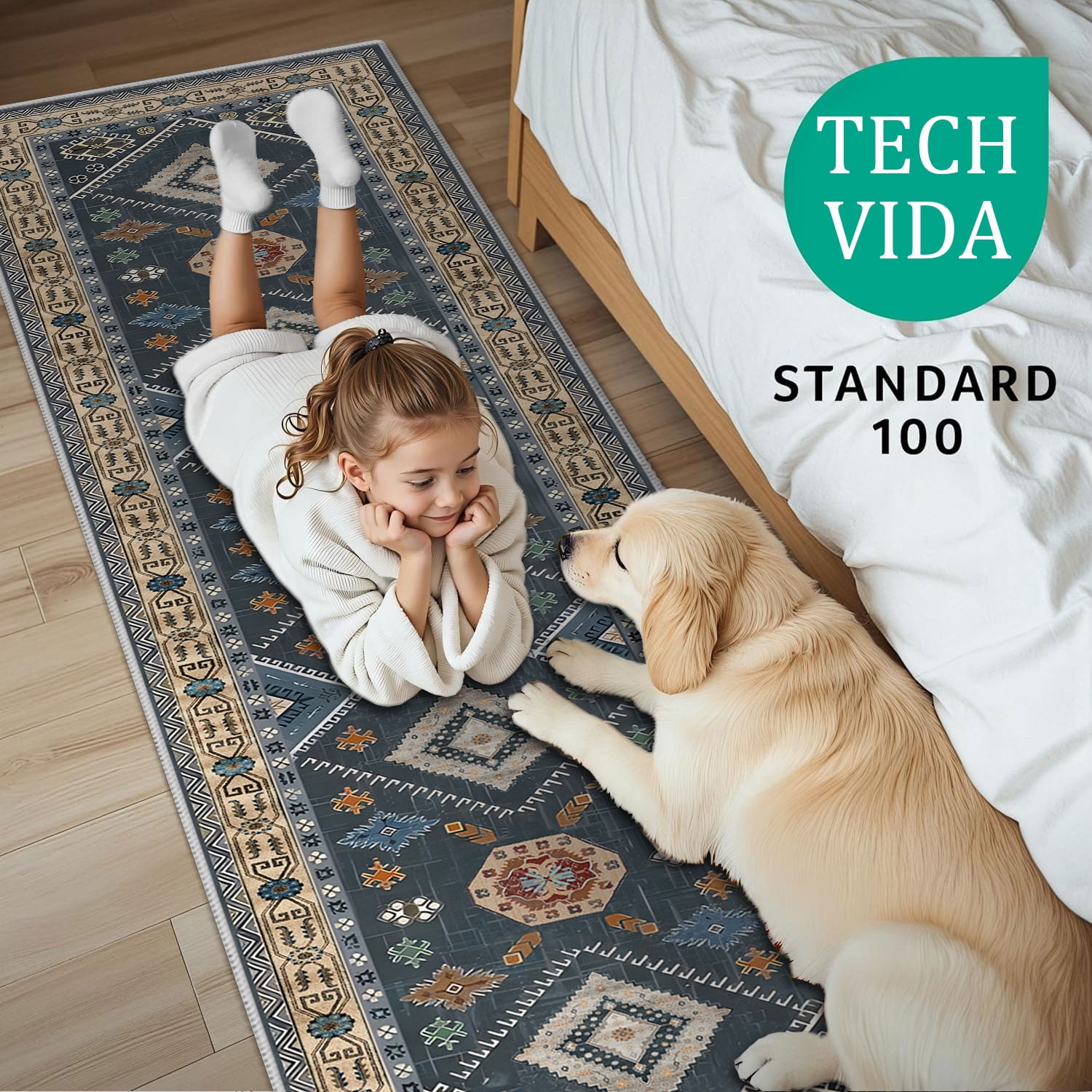 TECHVIDA 2'x8' Hallway Runner Rug Boho,Non Slip Machine Washable Rugs for Hallway Kitchen,Dark Blue