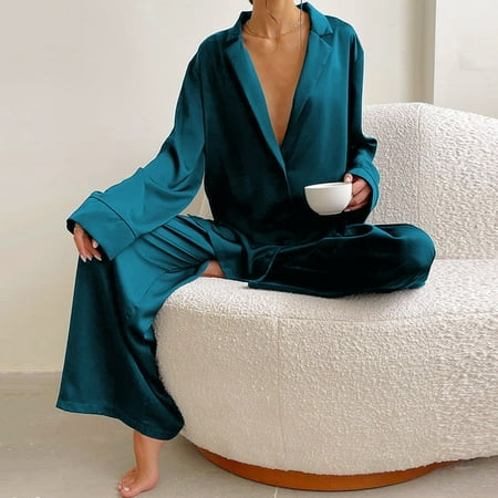

DanceeMangoo Oversized Satin Silk Sleepwear Low Cut Sexy Pajamas For Women Single-Breasted Long Sleeves Wide Leg Pants Trouser Suits