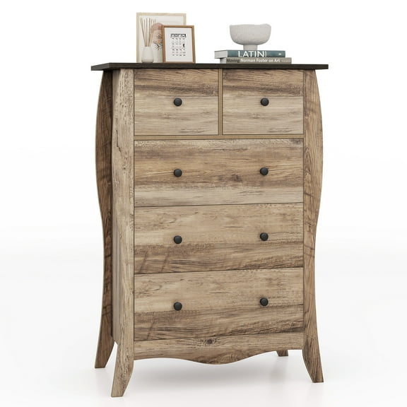 Gymax 38'' Farmhouse Chest of Drawers w/ 5 Folding Fabric Drawers & Anti-tipping Kit Brown