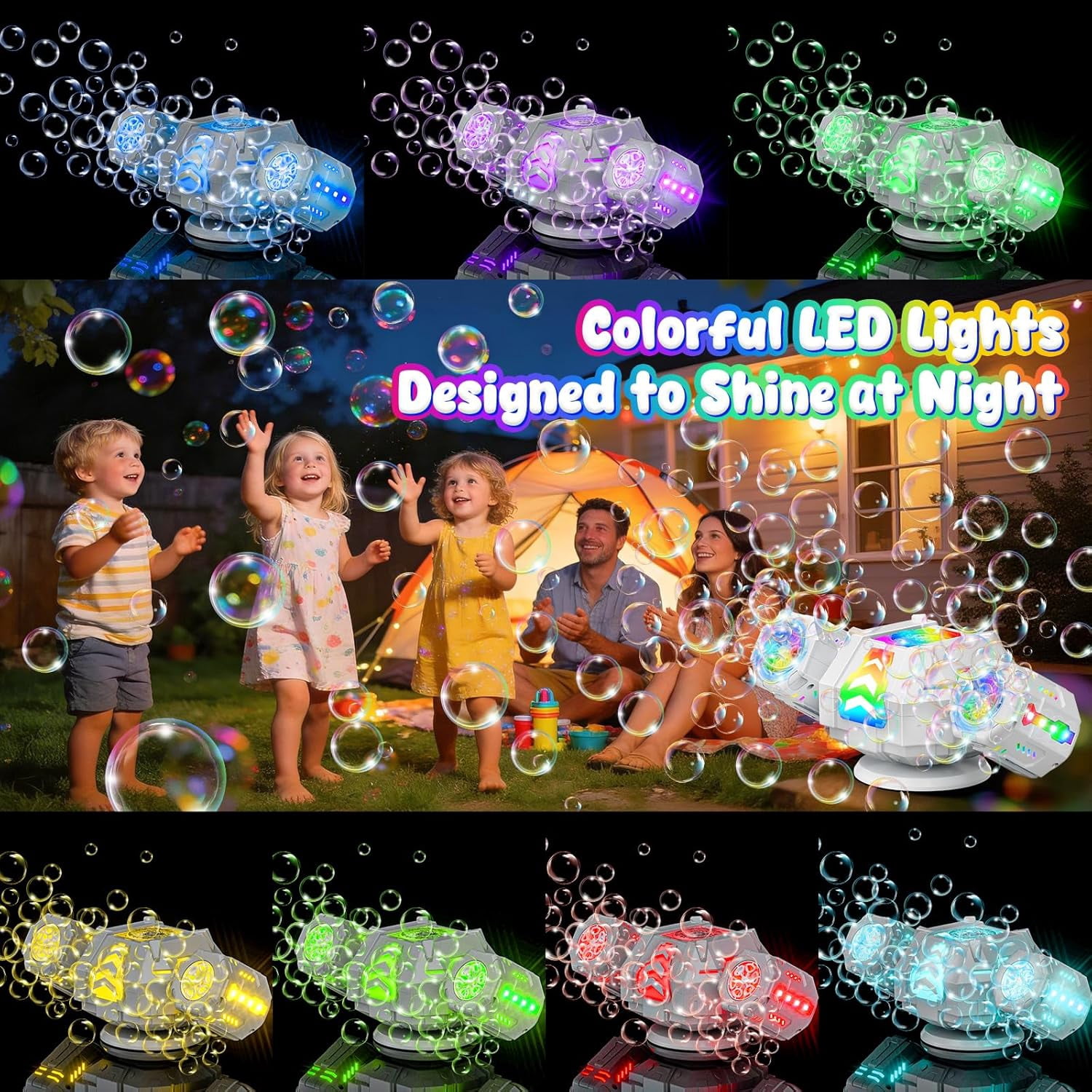 Bubble Machine, Rechargeable Bubble Maker with 360 ° Automatic Rotation & 9 LED Light, 30000+ Bubbles Blower Machine, Birthday Parties, Wedding, Indoor, Outdoor Activities