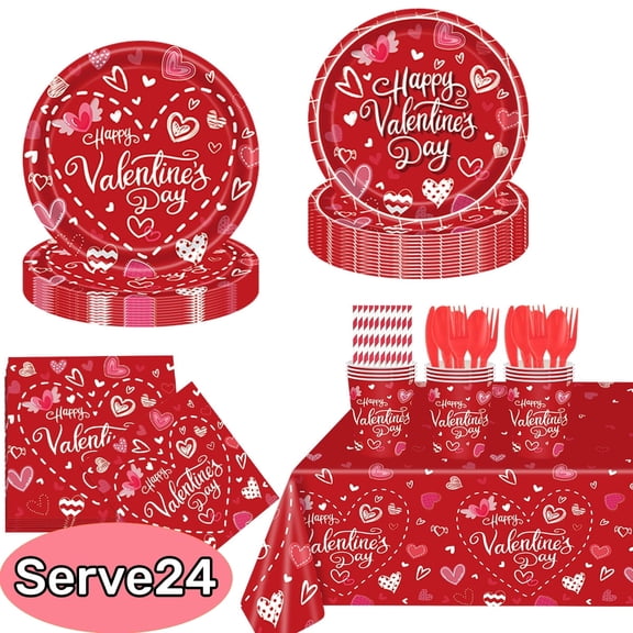 Valentine's Day Paper Plates Valentine's Day Party Supplies Disposable Paper Plates and Napkins Valentine's Day Dinnerware Set 24 Guests Red