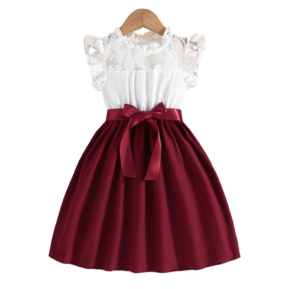 Qudderr 4-7 Years Girl's Dress for Kids Summer Casual Sundress Toddler Solid Patchwork Dress with Ribbon Belt for Girls