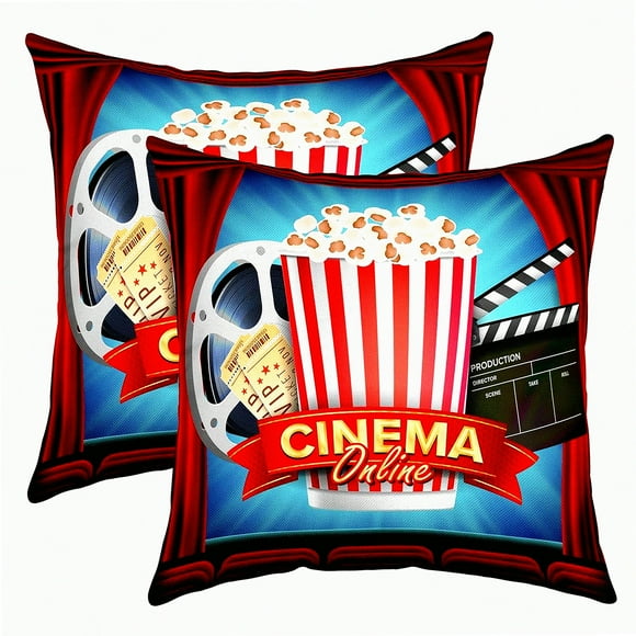 FilmFest Throw Pillow Covers - Vintage Cinema Decorative Cushion Cases for Bed Sofa - Movie Theater Ticket Clapboard Popcorn Design - Set of 2 - 18x18 Inch