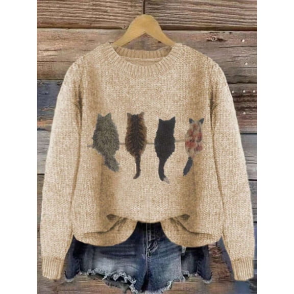 Women's Olive Green Cat Graphic Crewneck Sweater – Relaxed Long-Sleeve Knit Pullover-Apricot