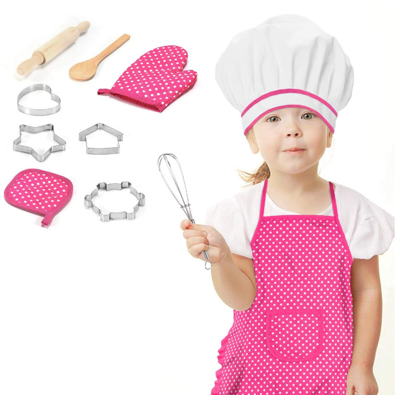Kitchen Costume Role Play for Baby Girls Apron Chef Hat Baking Cooking Mitt